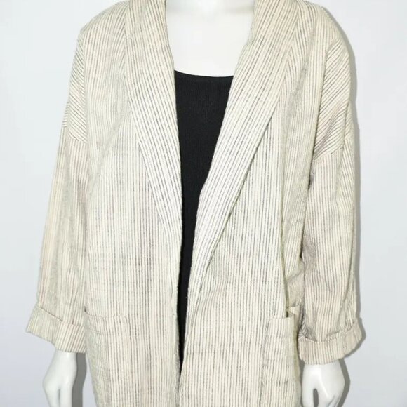 EILEEN FISHER Cotton Pinstriped Open Blazer Jacket L XL G TG Cream Black 12 14 - Picture 1 of 10